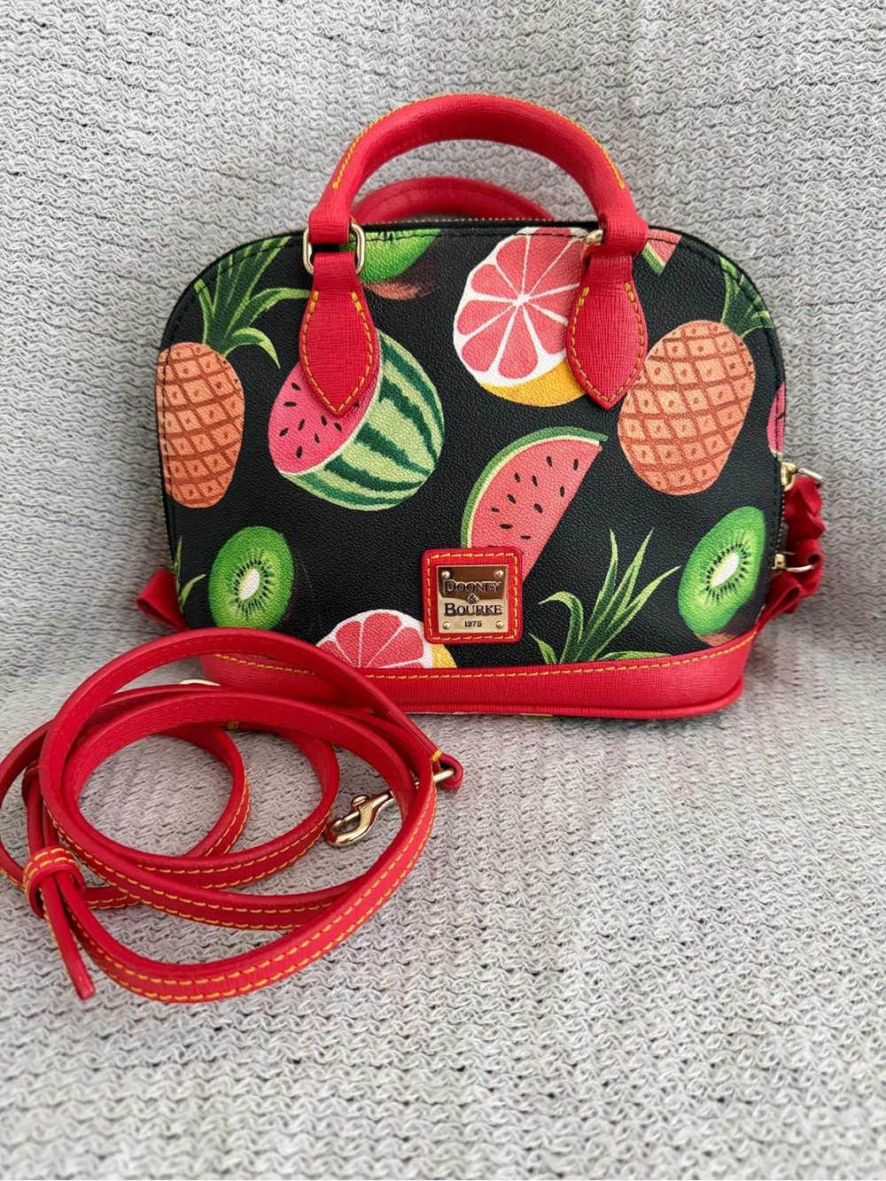 Dooney & Bourke Black Fruit-Print Dome Crossbody with Red Trim